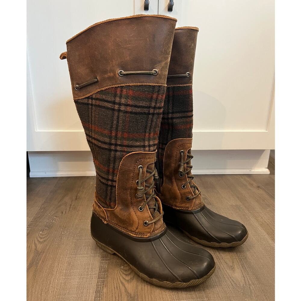 Sperry Saltwater Sela Plaid & Leather Tall Duck Boot Style